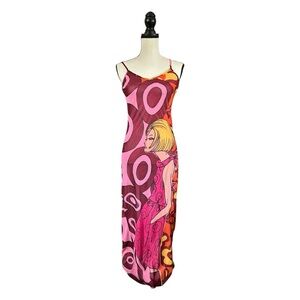 SALE VTG Y2K Morgan de Toi Retro Girl Graphic Mesh Maxi Dress Psychedelic T2/6